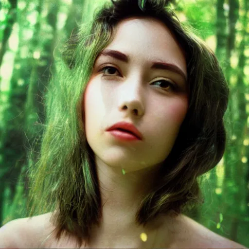 Prompt: perfect beautiful woman realistic kodak film, background trees, face upclose