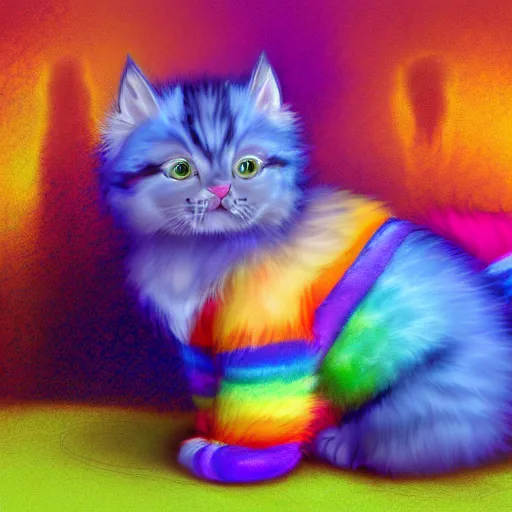 Image similar to wide angle full body, of a fluffy cute rainbow kitten wearing a black motorcycle jacket, concept art