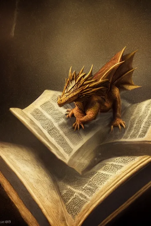 Image similar to A tiny dragon sleeping on an old dusty magic book, dramatic lighting, cinematic, establishing shot, extremely high detail, foto realistic, cinematic lighting, post processed, concept art, high details, cinematic, 8k resolution, beautiful detailed, photorealistic, digital painting, artstation, concept art, smooth, sharp focus, artstation trending, octane render, unreal engine