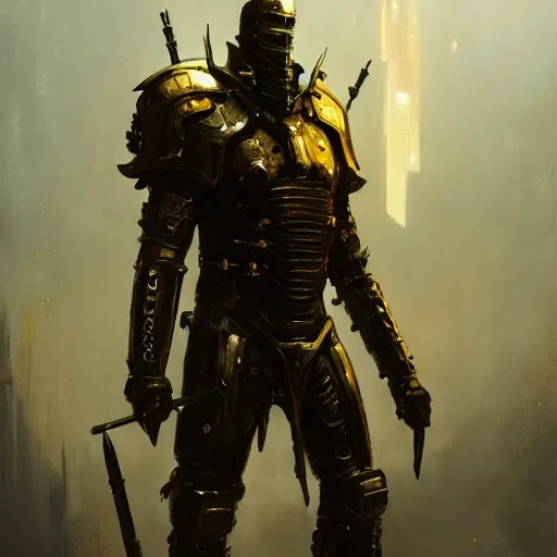 Prompt: anthropomorphic cyberpunk warrior stands tall wearing black and gold armor, oil painting, Tooth Wu, Greg Rutkowski, RPG, dynamic lighting, fantasy art, High contrast, depth of field, landscape, scenery