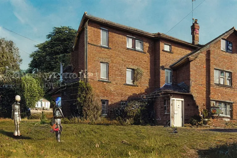 Image similar to cyberpunk, an estate agent listing external photo of a 5 bedroom detached house in the countryside, robots, sunny day, clear skies, by Paul Lehr, highly detailed, photorealistic, 8k, anamorphic, cinestill cinematrography