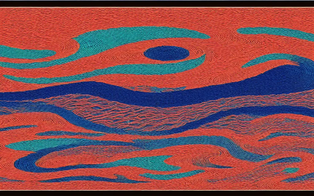 Prompt: a beutiful sunset on a beach, fractal waves. japanese embroidery. retro minimalist art by jean giraud.