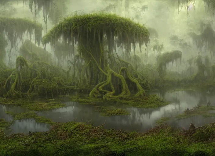 Image similar to matte painting of a huge swamp, overgrown with lush vines, immaculate scale, john howe, digital art, cgsociety, fantasy art, matte painting, lovecraftian horror, fantasy