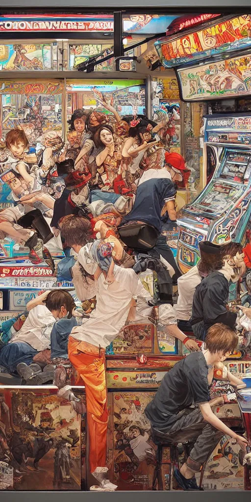 Image similar to oil painting scene from amusement arcade by kim jung gi