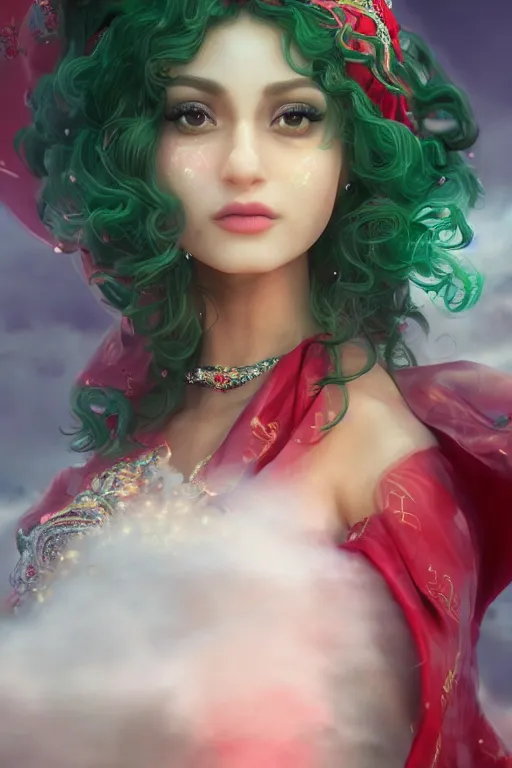 Image similar to dreamy beautiful persian asian princess in clouds, green eyes, red dress, long black curly hair, smiling, wearing a diamond tiara, face, highly detailed, artstation, concept art, sharp focus, hyper realistic, octane render, unreal engine, 8 k