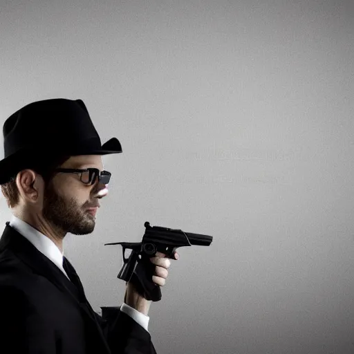 Image similar to serious looking man in a black suit and black fedora hat. he has a big silver gun, 4 k, atmospheric, epic scene, strong shadows, high contrast