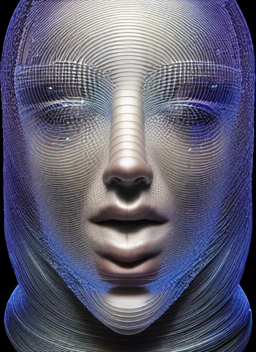 Image similar to highly detailed surreal vfx portrait of a 3 d human head made of stacks of speakers. polyphonic pulse projections, liquid light, metallic, galactic, crystalline edges, elegant, centered hyperrealistic, octane render, inspired by james jean, okuda sam miguel, android jones, beeple, rhads nvidia raytracing demo, 8 k