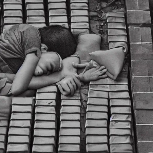 Image similar to a million beating hearts, behind brick and cold steel piping, fighting for the top, fighting for the room to breathe, bench park sleepers lie, cold blanket, bedless babies