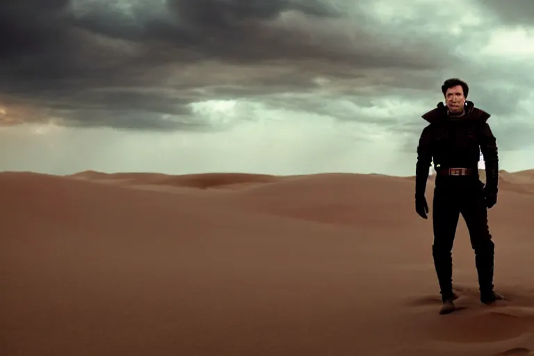 Image similar to a cinematic wide angle shot of a man in his early twenties, in the 2 0 2 1 movie dune, the sand is in the form of a wave, stormy weather, dry, film still, cinematic, dramatic lighting, by zack snyder