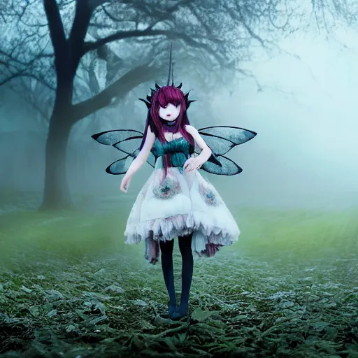 Image similar to cute fumo plush girl among vines in the middle of a foggy dark cursed rose garden under a blue sky, beautiful glowing ethereal gothic magical wraith fairy girl with dark eyes, horns, sheep girl, anime, tattered dress, bokeh, vray