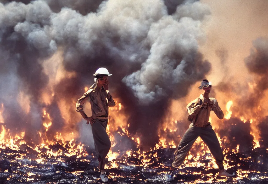 Prompt: fashion editorial in Kuwait oil fields burning fire burning. 1991. highly detailed. depth of field. high definition. 8k. photography.