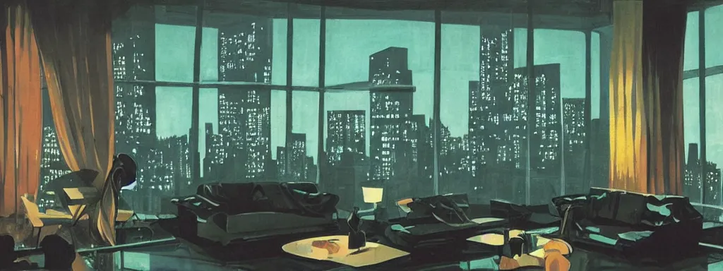 Image similar to concept art, night time retro - futurist penthouse, reflections, moody, designer furniture, high ceiling, 6 0 s colour palette, plants, flowers, floor lamps, multi - level, soft lighting, city view, bladerunner, james jean, syd mead, akihiko yoshida, cinematic