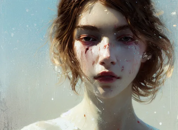 Image similar to close up picture of a white dress girl, hard breathing, messy hair, beautiful and aesthetic and attractive and detailed face, specular reflection, occlusion shadow, intricate, bokeh, masterpiece, by ilya kuvshinov and jeremy lipking and quentin mabille