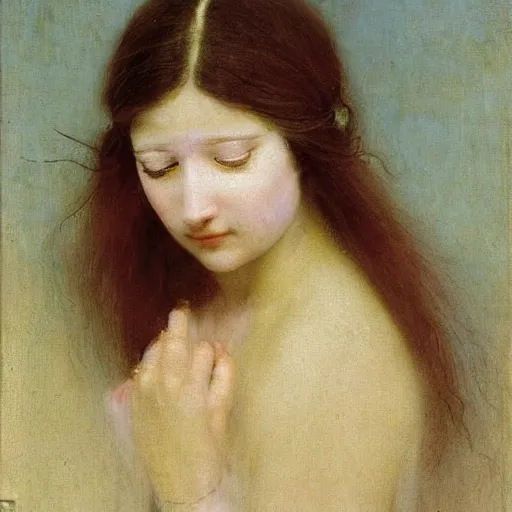 Prompt: a young woman’s face, her hair is white, her eyes are covered with a flowing blue satin blindfold, by ivan aivazovsky and alma tadema and and willen claesz heda and aelbert cuyp and gerard ter borch