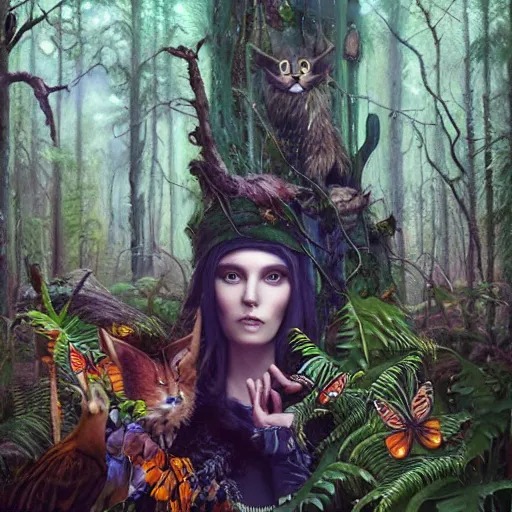 Prompt: lofi druid portrait in a forest surrounded by animals, Pixar style, by Tristan Eaton Stanley Artgerm and Tom Bagshaw.