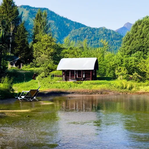 Image similar to A cottage on a river bank Surrounded by trees and mountains in the background and beach chairs in the foreground