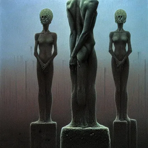 Image similar to highly detailed dystopian surreal painting of eerie statues and buildings by zdzisław beksinski