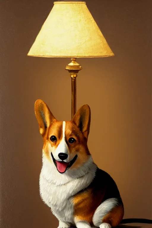 Image similar to a lamp in the style of a corgi oil on canvas, intricate, portrait, 8k highly professionally detailed, HDR, CGsociety