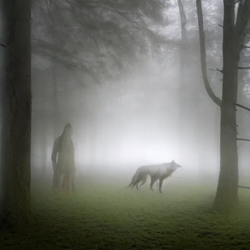 Prompt: spectral figures coming out of the fog with their pack of wolves, leaves and feathers twisted in their hair, moss growing on their clothes, destructive magic pulsing at their fingertips