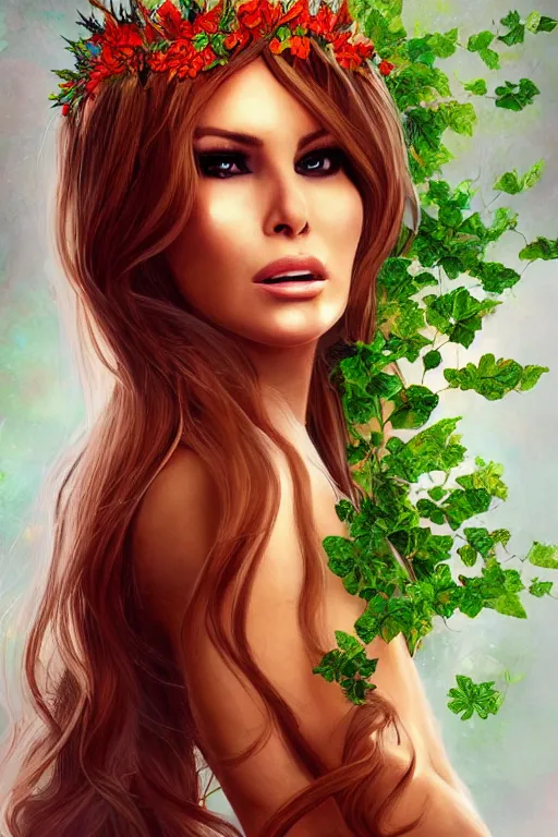 Prompt: portrait of a beautiful young melania trump as titania, summer queen. faerie queen. queen of light, red, poison ivy, made by caravaggio stanley artgerm lau wlop rossdraws artstation cgsociety concept art cgsociety octane render
