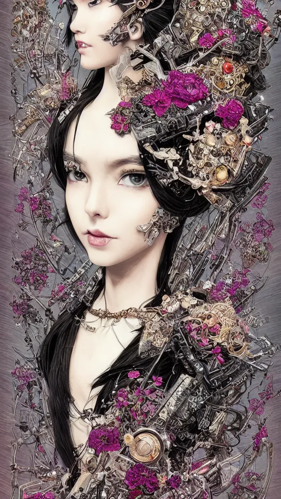 Image similar to cyberpunk fashion a beautiful black haired woman with pale skin and a crown on her head sitted on an intricate metal throne skin wrapped in flowers and wired, vintage style, by yoichi hatakenaka, masamune shirow, josan gonzales and dan mumford, ayami kojima, takato yamamoto, barclay shaw, karol bak, yukito kishiro