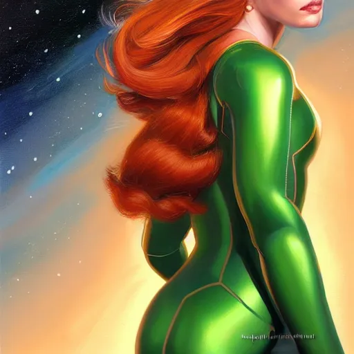 Prompt: a portrait of a very beautiful woman in a spacesuit, Alexandria\'s genesis, shoulder-length red-blonde hair, brilliant green eyes, bored, illustration, soft lighting, soft details, painting oil on canvas by mark arian by artgerm, trending on artstation, 4k, 8k, HD