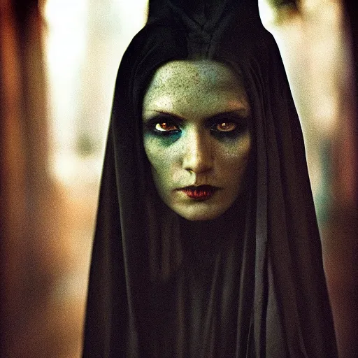 Image similar to beautiful portrait of a dark sorceress female, 35mm, cinematic atmosphere, photorealistic, depth of field, style of irwing penn and steve mccurry