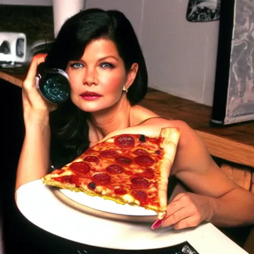 Prompt: a slice of pizza as catherine zeta jones