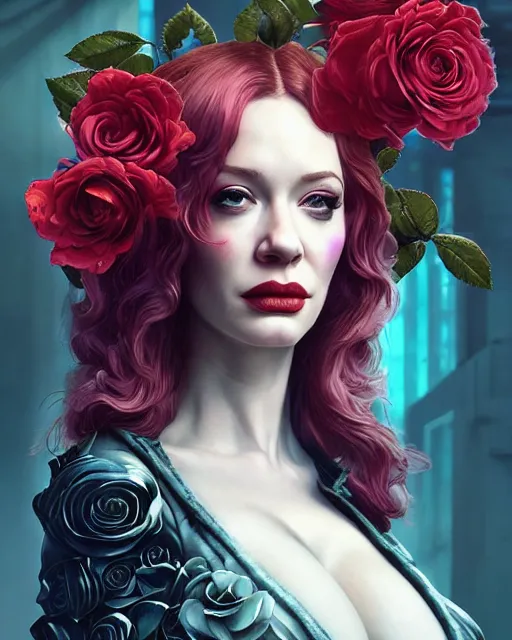 Image similar to portrait of christina hendricks with roses, baroque, cyberpunk cyborg. roses, sci - fi, intricate abstract upper body intricate artwork, by tooth wu, wlop, beeple, dan mumford. concept art, octane render, deviantart, greg rutkowski, cinematic arthouse, key art, hyper realism, iridescent accents