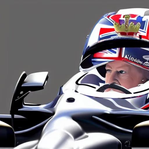 Image similar to queen elizabeth driving a formula 1 car, photorealistic, highly detailed, 8 k