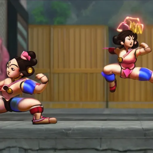 Image similar to chun li bouncing on a goomba with a pogo stick