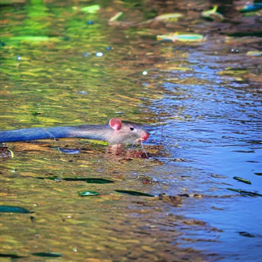 Image similar to 35mm photo of a rat fishing at a riverbank, water, well lit, bright and fun colors