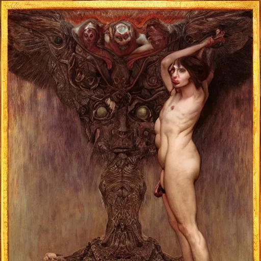 Image similar to goetic demon taking a selfie | highly detailed oil painting, hyperrealistic, very intrincate, detailes face | cinematic lighting, award - winning | by roberto ferri, gustav klimt, william waterhouse and tom bagshaw | by austin osman spare and william blake, trending on artstation, cgsociety, official art, octane.