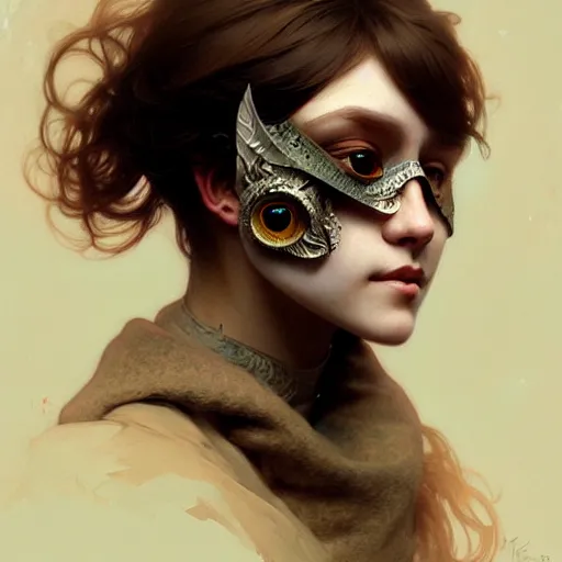 Image similar to A girl wearing an owl mask, face, detailed, intricate, elegant, highly detailed, digital painting, artstation, concept art, smooth, sharp focus, illustration, art by Krenz Cushart and Artem Demura and alphonse mucha