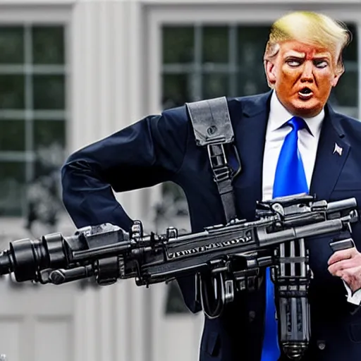 Prompt: Donald Trump holding the death machine minigun from call of duty