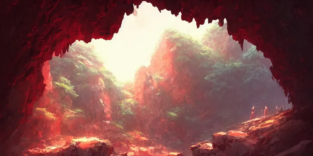 Prompt: entrance to small cave inside the forest, red crystals. In style of Greg Rutkowski, Jesper Ejsing, Makoto Shinkai, trending on ArtStation, fantasy, great composition, concept art, highly detailed, scenery, 8K, Behance.