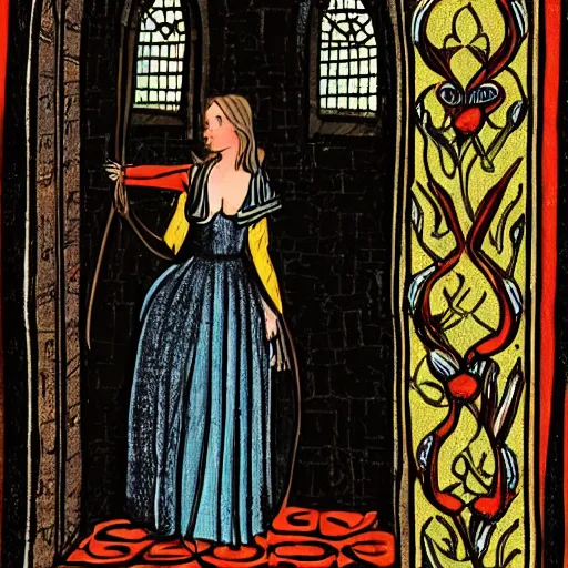 Prompt: jennifer lawrence in a medieval book illustration