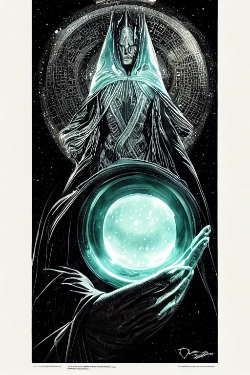 Prompt: wizard in a hooded cloak gazing into a crystal ball, high details, intricately detailed, by vincent di fate, artgerm julie bell beeple, inking, screen print