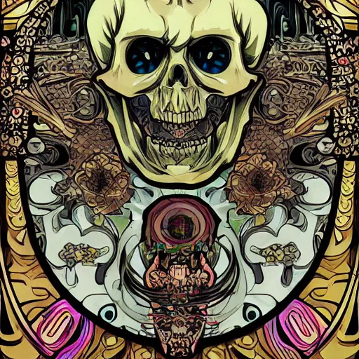 Image similar to anime manga skull portrait dragon head face skeleton illustration style by Alphonse Mucha and Takashi Murakami pop art nouveau