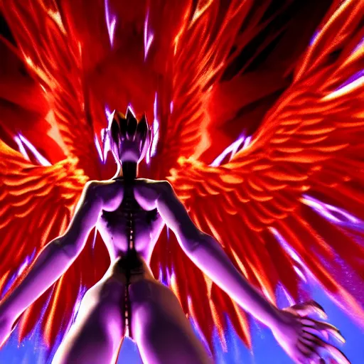 Image similar to evangelion angel invaders burning wings 4 k path traced high definition detailed artstation realistic trending dramatic lighting