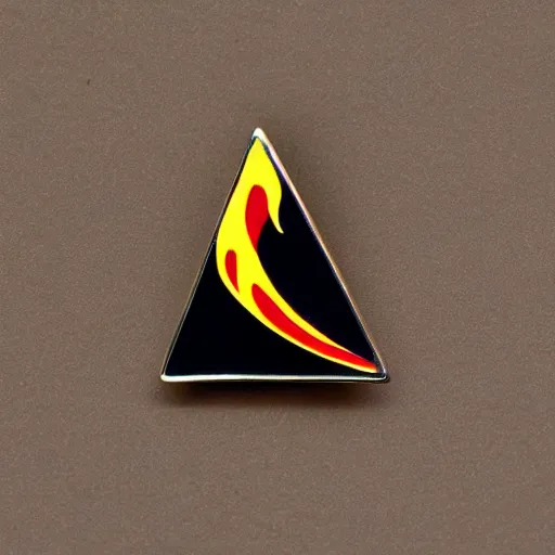 Image similar to a triangle enamel pin of a retro minimalistic fire flames warning label, smooth curves