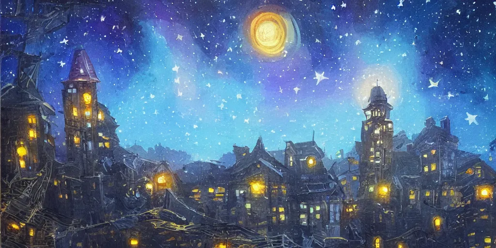 Image similar to stary night painting, artstation, tower, house, city