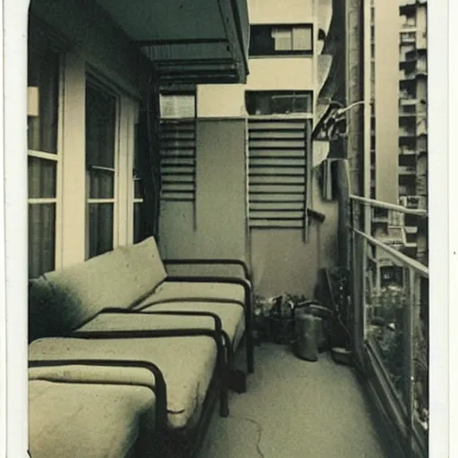 Image similar to A polaroid of a cyberpunk apartment balcony. Signed 1962