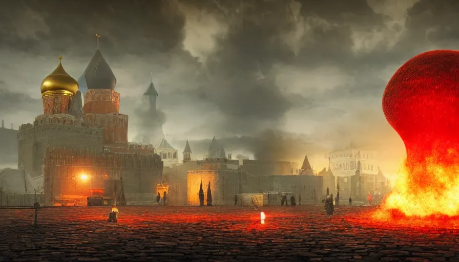 Prompt: a big nuclear explosion with realistic nuclear mushroom in Red Square Kremlin, cinematic, extremely high detail, photo realistic, cinematic lighting, post processed, concept art, artstation, matte painting, unreal engine 8k