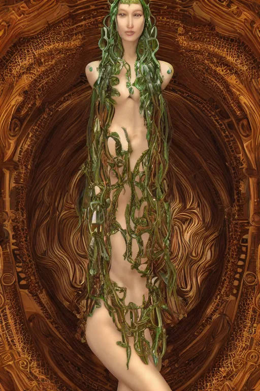 Prompt: a photo of a beautiful ancient alien medusa gorgon woman goddess bella hadid standing in iris van herpen dress jewelery and fractals in style of alphonse mucha art nuvo dmt trending on artstation made in unreal engine 4