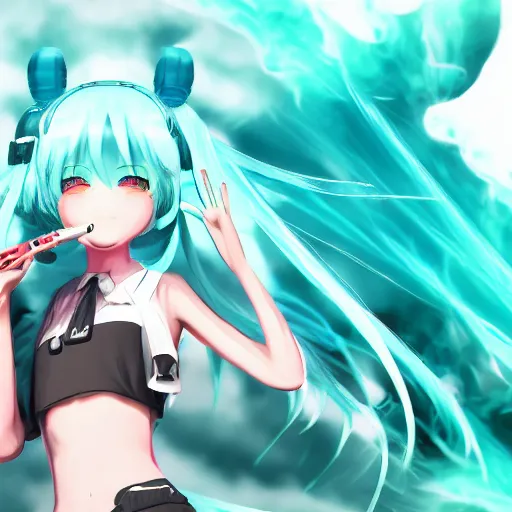 Image similar to hatsune miku smoking a vape pen in her right hand | smoke coming out of her mouth, artstation, 4 k