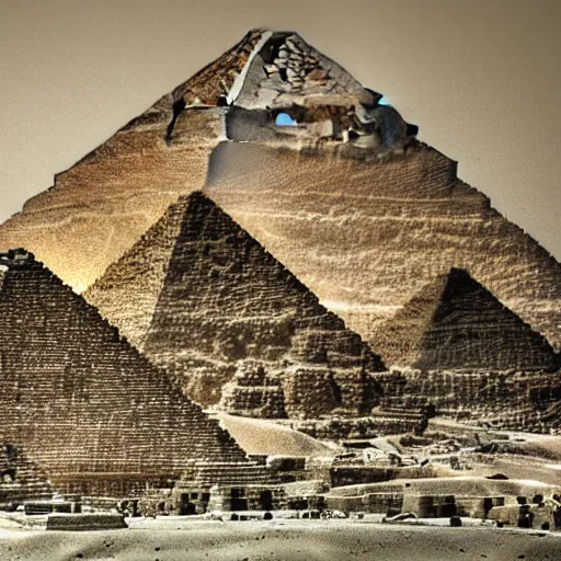 Image similar to high definition, high resolution photograph, miniature effect, tilt shift effect, tilt shift lens : ( subject = egyptian pyramids + subject detail = clear sunny day, high texture detail, high detail )