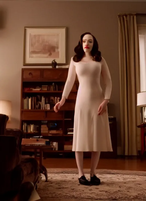 Image similar to Kat Dennings standing in the living room, film still from the movie directed by Denis Villeneuve with art direction by Salvador Dalí, wide lens, 4K, realistic