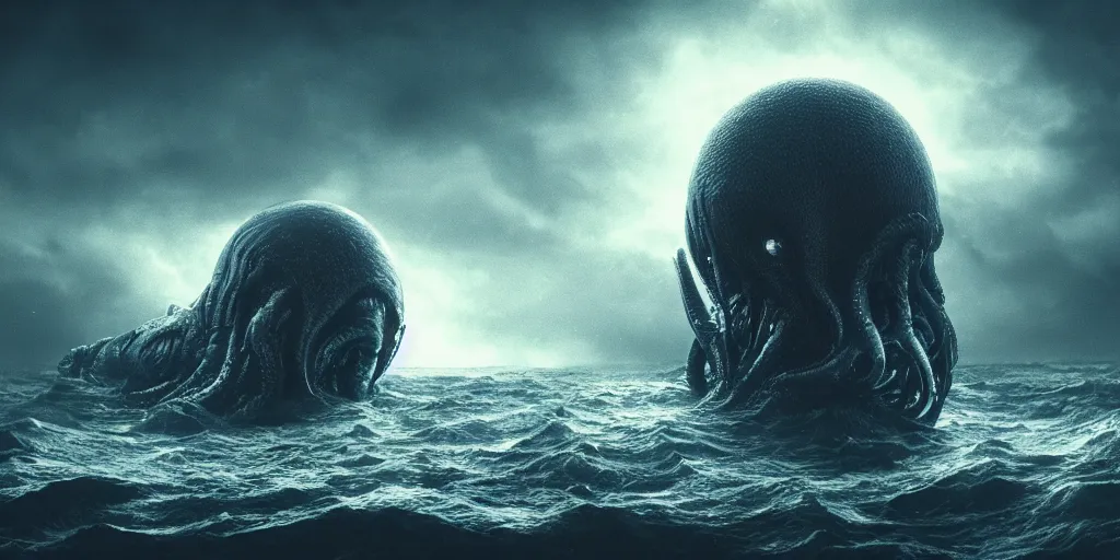 Image similar to gargantuan lovecraftian alien in the dark, timid, humidly horrific sky, floating atop a tumultuous ocean, dark blue atmosphere, vignette, beautiful lighting, shot by h. r. giger, trending on artstation, cgsociety contest winner, 4 k, 8 k