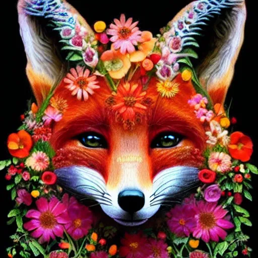 Image similar to made of flowers, made of flowers, made of flowers, portrait of a fox made of flowers, fantasy art, trending on artstation, beautiful art, intricate, elegant, highly detailed, digital painting